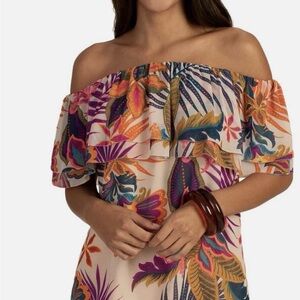 Trina Turk Agua Caliente Floral Top Off The Shoulder Blouse Beige Purple XS $248